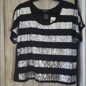 INC Black Silver Sequins Open Back Top M/L